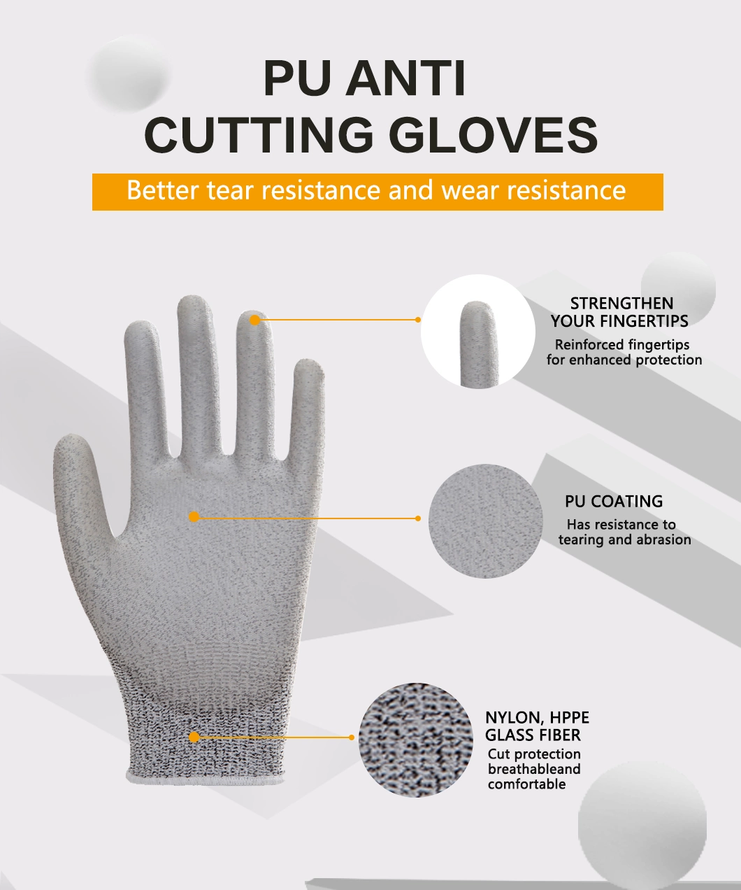 En388 A5 Nylon & Hppe & Glass Fiber Liner PU (Polyurethane) Coated Anti Cut Resistant Cutting Proof Work Safety Hand Protection Knitted ANSI Gloves